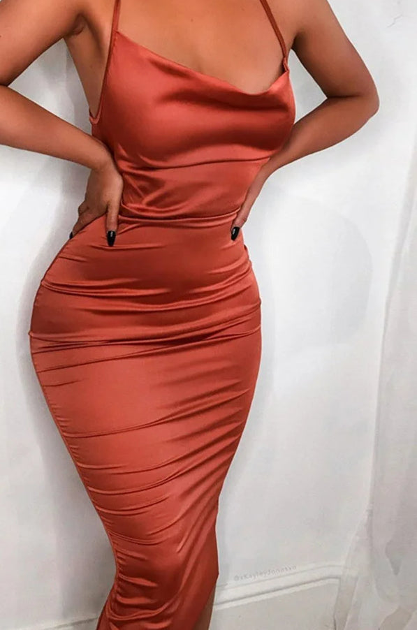 Cowl Neck Spaghetti Strap All Over Ruched Satin Bodycon Midi Dress
