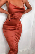 Cowl Neck Spaghetti Strap All Over Ruched Satin Bodycon Midi Dress