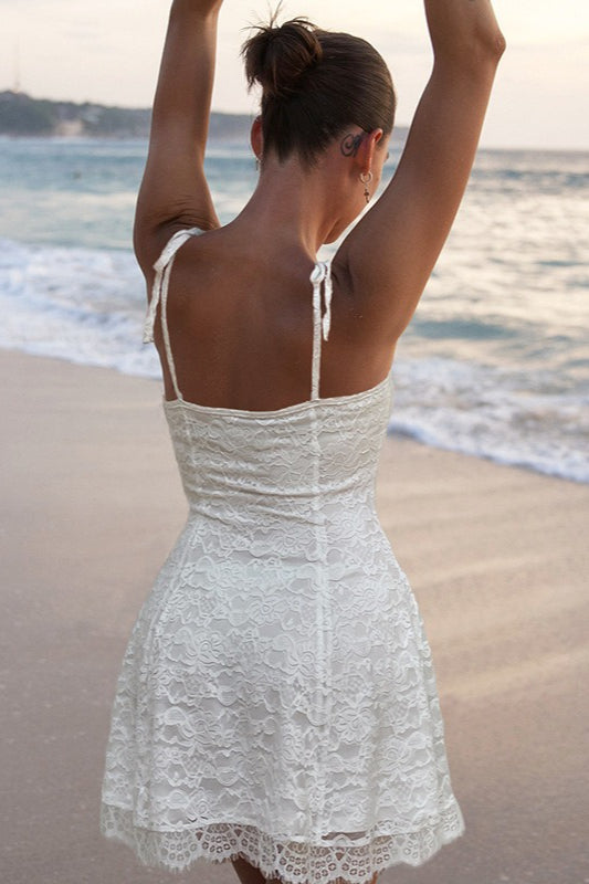 Floral Lace Tie Shoulder Square Neck Fit and Flare Mini Dress