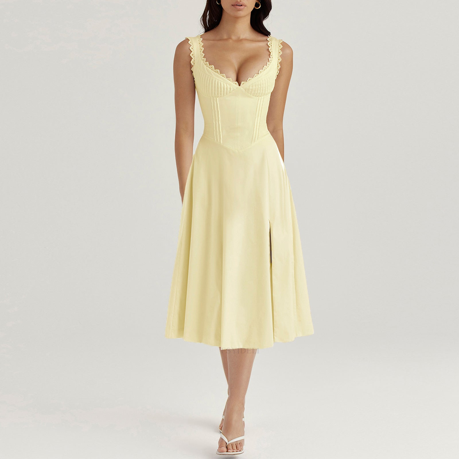 Corset Midi Dress with Lace Trim and Side Slit
