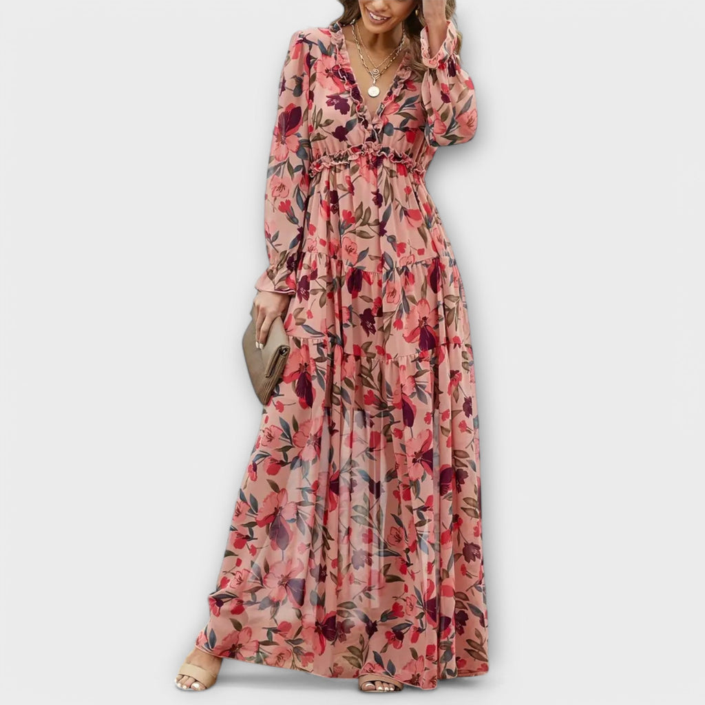 Floral Print Deep V-Neck Ruffle Trim Lantern Sleeve Tiered Maxi Dress