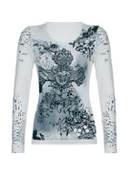 Vintage Cross Flower Print Slim Long Sleeve Tee