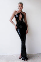Black Cutout Waist Column Maxi Gown