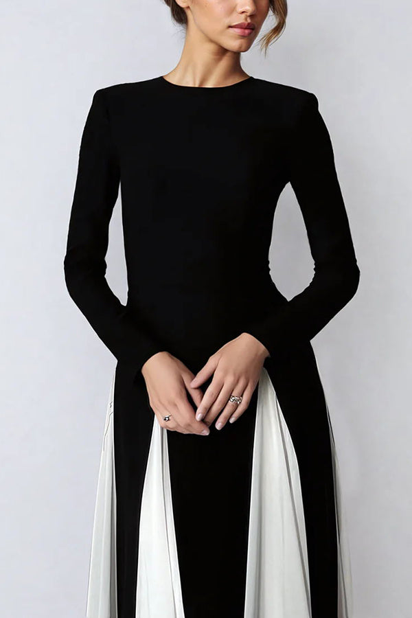 Long Sleeve Crew Neck Paneled Pleated Godet A-Line Maxi Dress