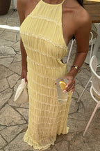 Halter Neck Horizontal Shirred Smocked Column Maxi Dress
