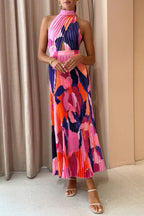 Pleated Halter Neck Cut Out Crisscross Bodice Abstract Floral Print Maxi Dress