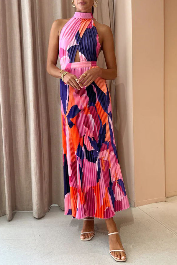 Pleated Halter Neck Cut Out Crisscross Bodice Abstract Floral Print Maxi Dress