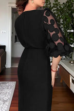 Solid Color Polka Dot Lantern Sleeve Slim High Waist Midi Dress