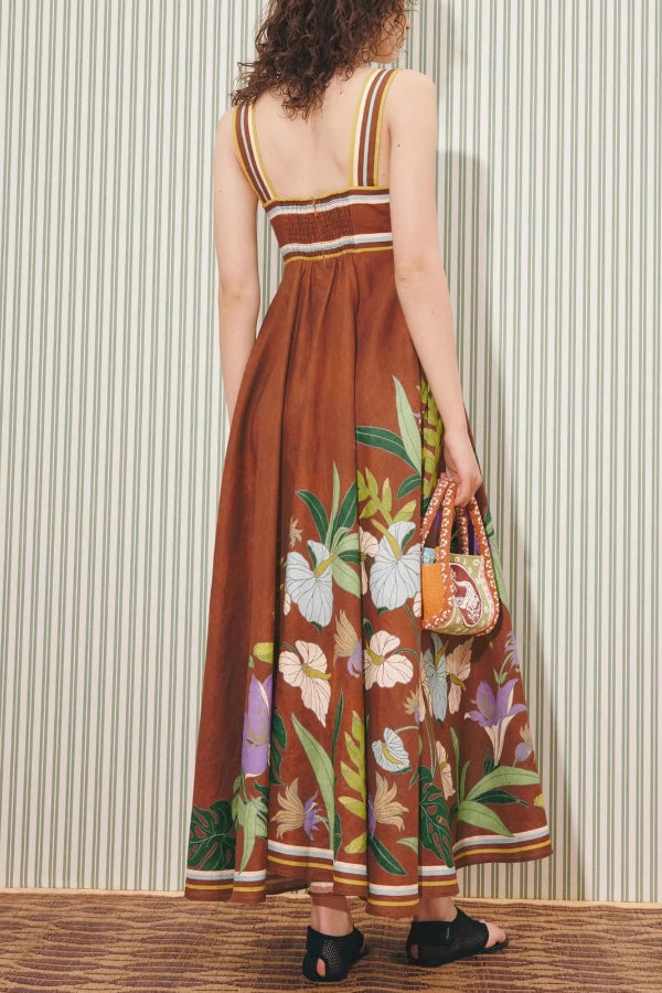 Brown Floral Linen Midi Dress