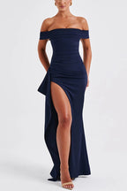 Off Shoulder Ruched Bodycon High Split Maxi Dress