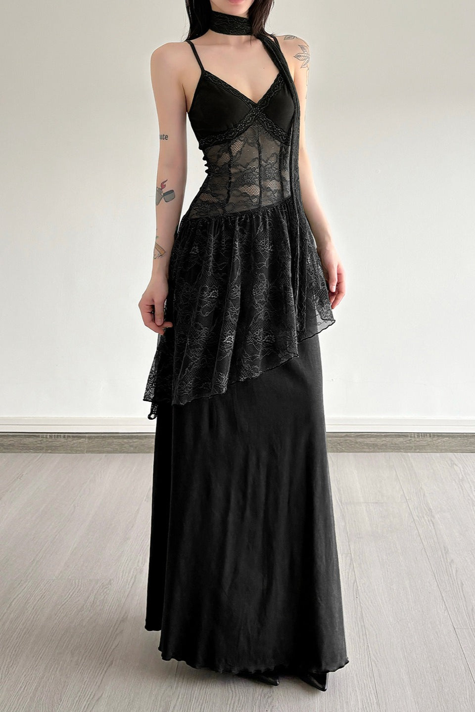 Lace Panel Spaghetti Strap Waist Tie Asymmetric Overlay Maxi Dress