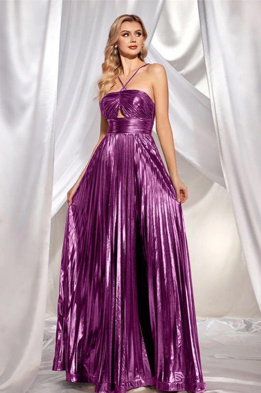 Pleated Metallic Halter Neck Cutout High Slit Maxi Gown
