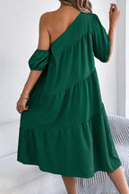 Solid Color Loose Slash Neck Short-sleeved Casual Midi Dress