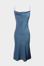 Satin Cowl Neck Spaghetti Strap Slip Midi Dress