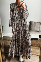Avery Premium Apricot Tiered Leopard Print Maxi Dress with Wide Sleeves Chic Silhouette Collection