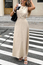 Solid Color Round Neck Sleeveless Hollowed-out Waist Knot Casual Maxi Dress