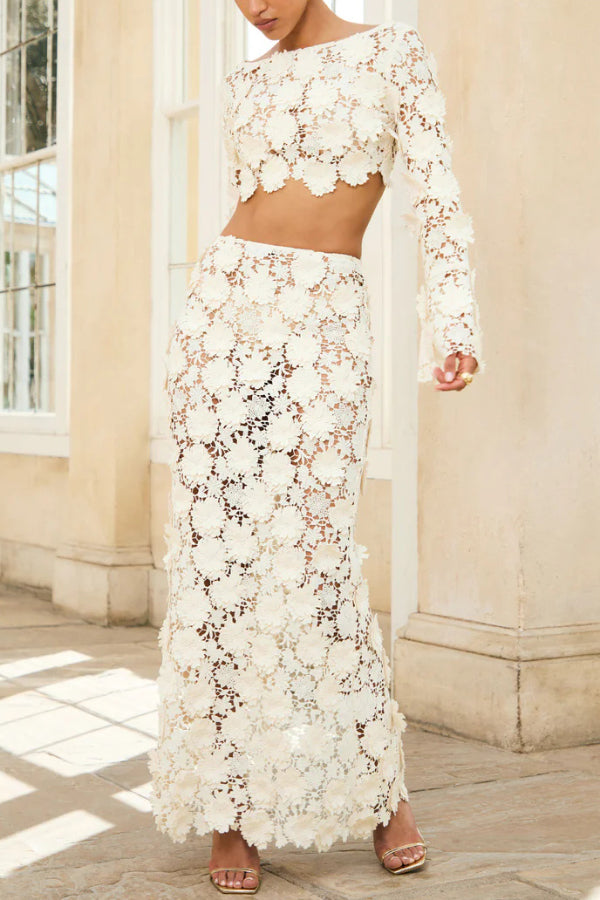 Stylish Long-sleeved Backless Lace Top and Elegant Openwork Maxi Fishtail Skirt Set