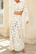Stylish Long-sleeved Backless Lace Top and Elegant Openwork Maxi Fishtail Skirt Set