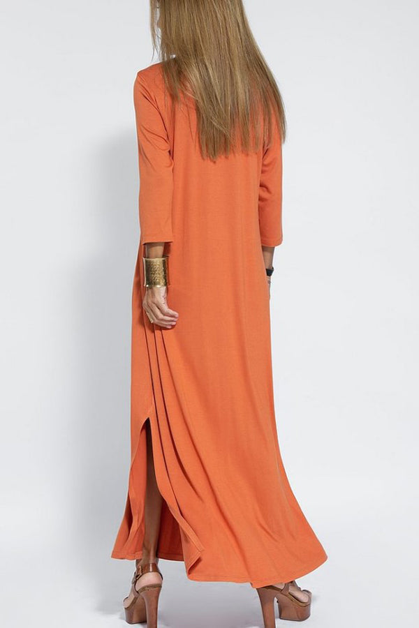 V-Neck Three Quarter Sleeve Relaxed Side Slit Maxi Dress