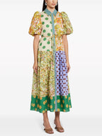 Striped Collar Button Front Puff Sleeve Patchwork Print Tiered Midi Shirt Dress