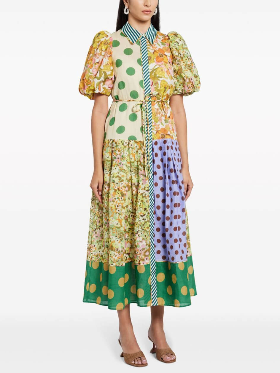 Striped Collar Button Front Puff Sleeve Patchwork Print Tiered Midi Shirt Dress
