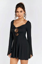 Sweetheart Tie Front Cutout Bell Sleeve Ruffle Hem Mini Dress