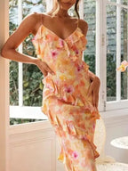 Floral Print Ruffle Trim Spaghetti Strap Maxi Dress