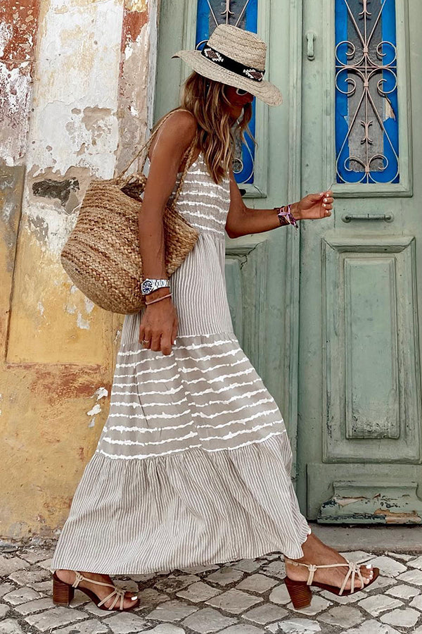 Striped Smocked Square Neck Spaghetti Strap Tiered Maxi Dress