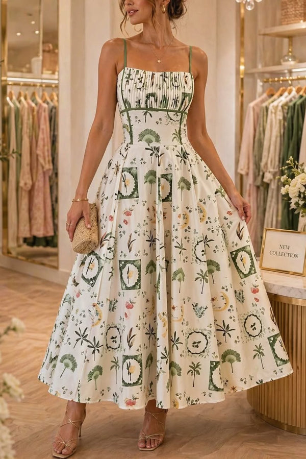 Unique Printed Thin-strapped Pleated Waist Casual Maxi Dress