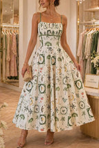 Unique Printed Thin-strapped Pleated Waist Casual Maxi Dress