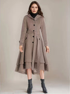 Woolen Flared Coat For Woman Hooded Belted A-line Vintage Winter Midi Outerwear 2026