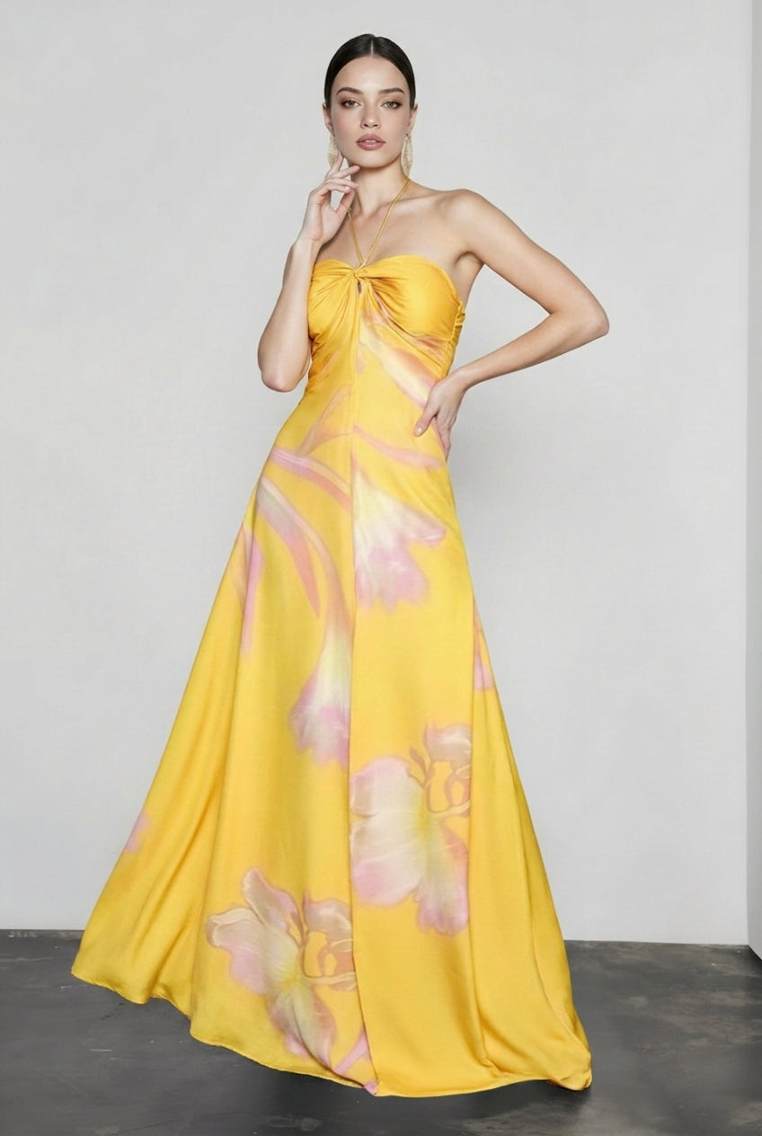 Floral Print Halter Tie Twist Front Keyhole Satin Maxi Dress