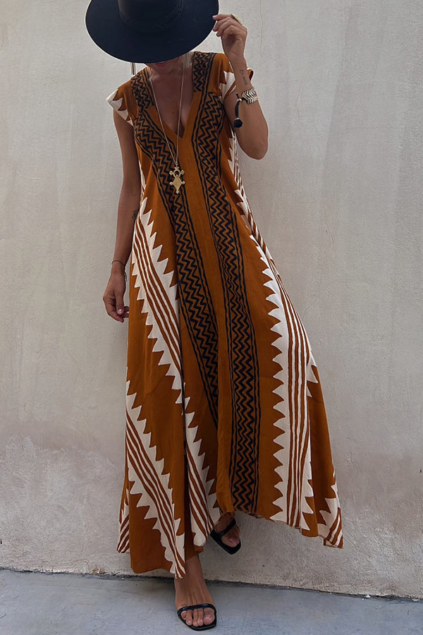 Ethnic Geometric Print Cap Sleeve Deep V-Neck A-Line Maxi Dress