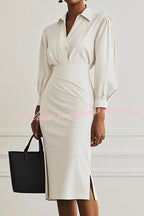 Fashion Lapel Long Sleeve Slim Waist Midi Dress