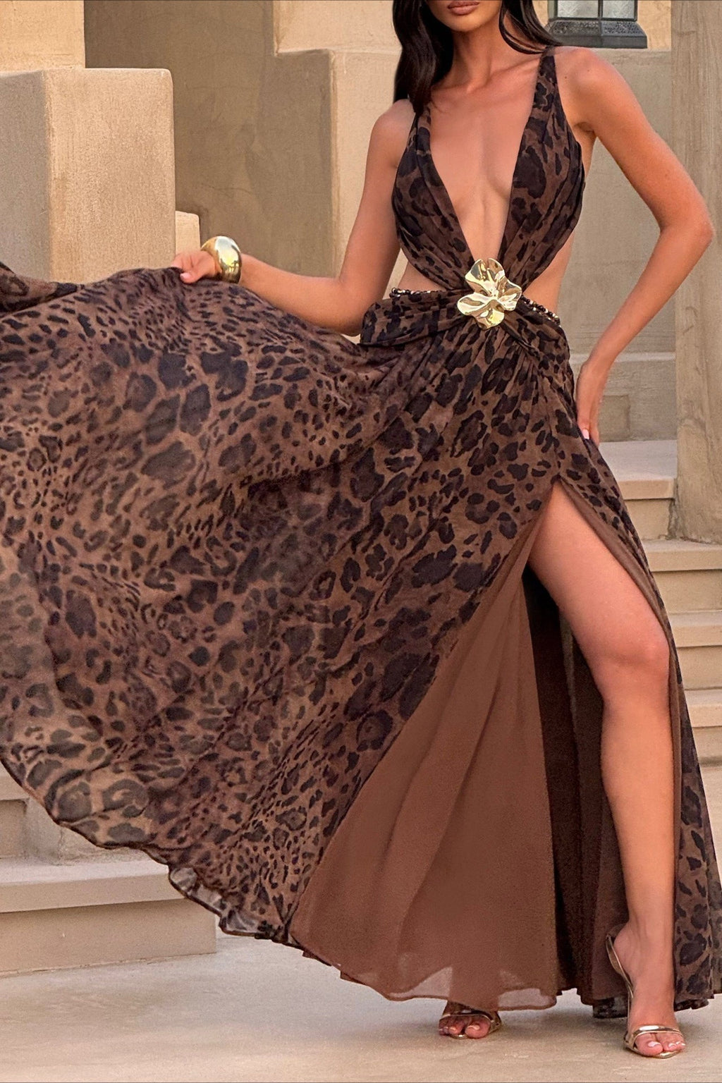 Plunging V Neck Halter Cut Out Waist Buckle High Slit Maxi Dress