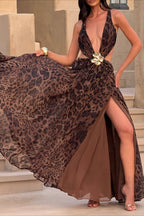 Plunging V Neck Halter Cut Out Waist Buckle High Slit Maxi Dress