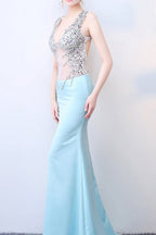 Blue Sheer Deep V-Neck Maxi Dress