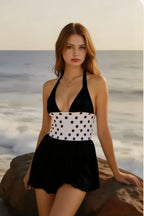 Polka Dot Halter Plunge V-Neck Smocked Waist Skirted One Piece Swim Dress