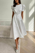 Puff Sleeve Pearl Button Front Satin Side Slit Midi Dress