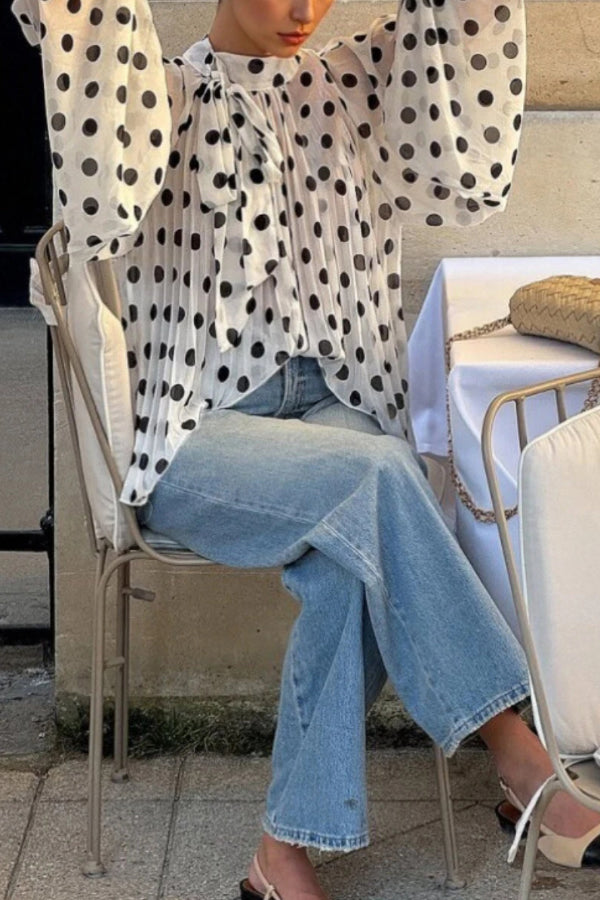 Polka Dot Print Tie-waist Lantern Sleeve Elegant Loose Shirt