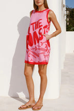 Summer-themed Printed Round Neck Sleeveless Pocket Loose Mini Dress