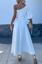 3D Rose One Shoulder Cut Out Waist Slit Midi Satin Dress