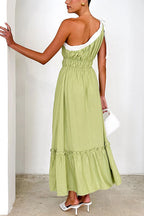Tie Bow One Shoulder Waisted Ruffle Maxi Dress