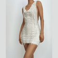 Textured solid hoodie cowl neck sleeveless backless tassels mini dress