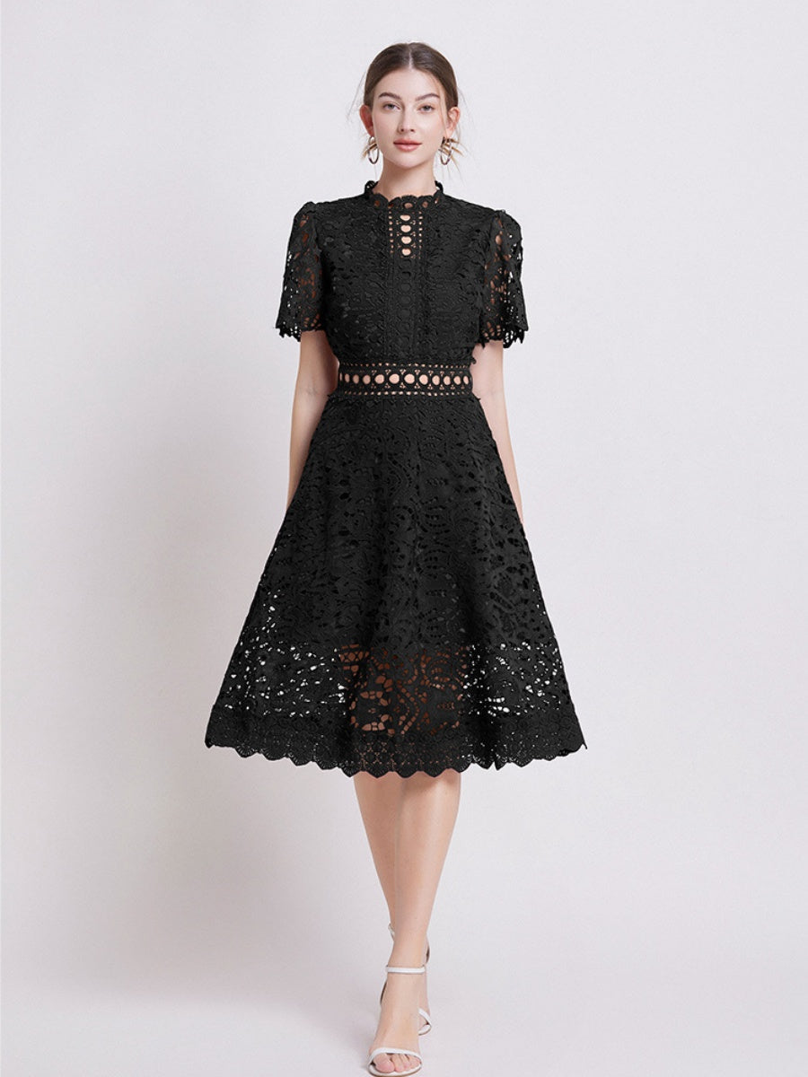 Lace Waist-cinching Hollow-out Midi Dress