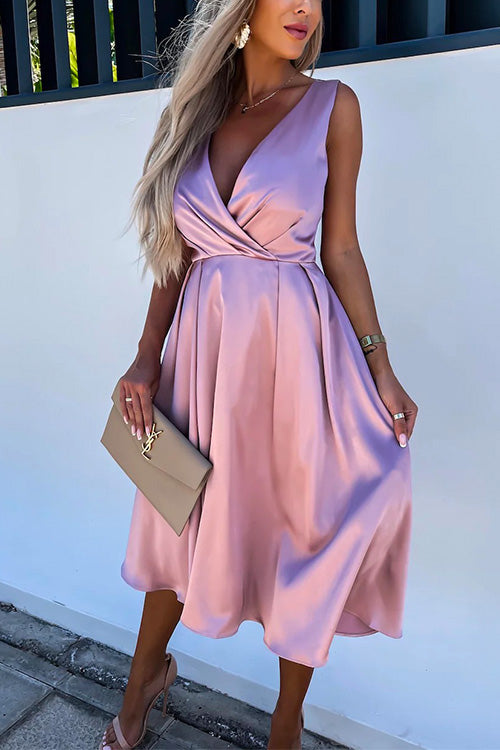 Sleeveless Cross V Neck Waisted Swing Party Dress