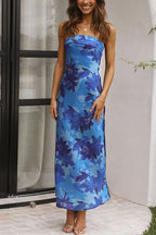 Strapless Scooped Cowl Backless Floral Print Maxi Dress