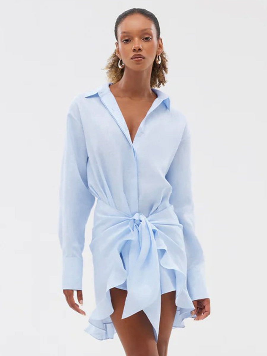 Pure Cotton Lapel Hip-hugging Shirts Mini&Short Dresses