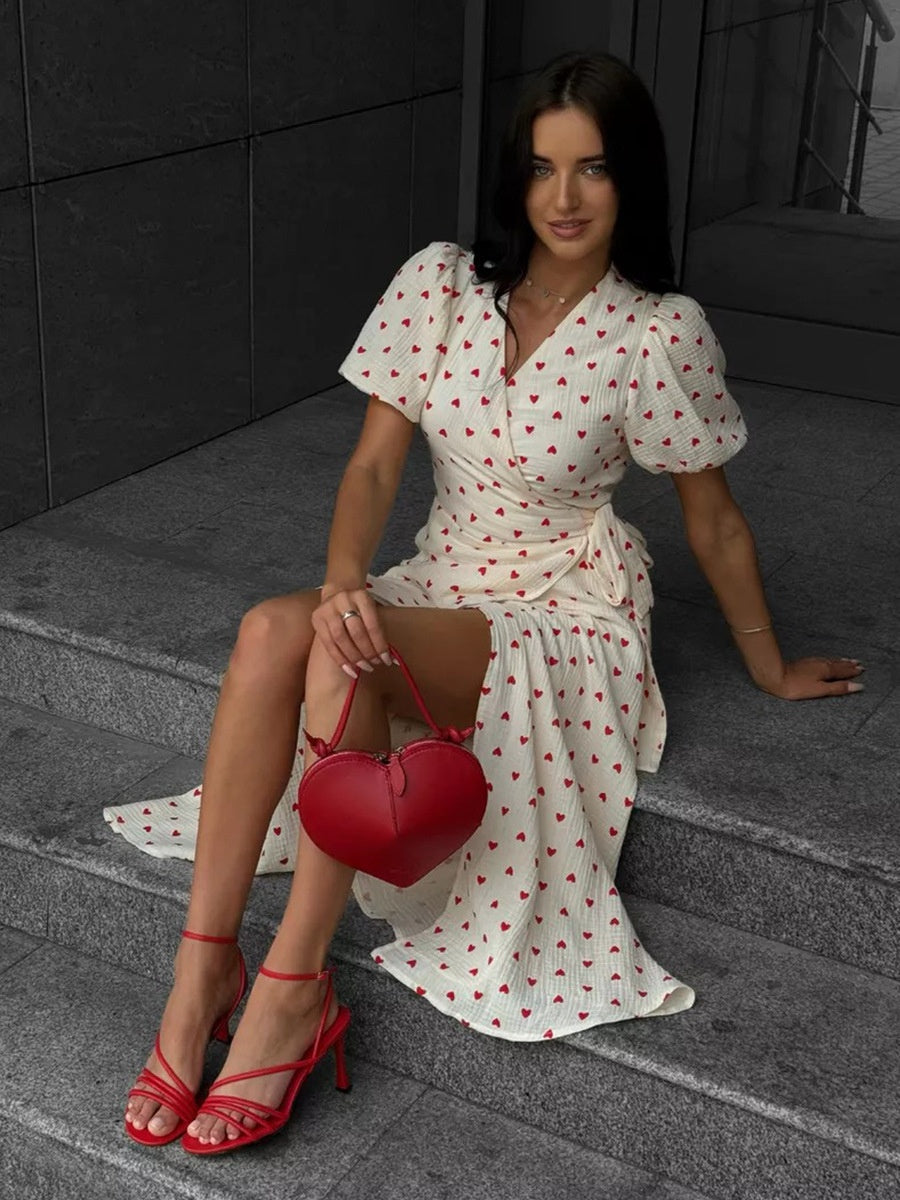 Pure Cotton Bandage Wrap-up Puff Sleeve Printed Comfort Maxi Dresses