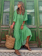 Boho Maxi Smock Dress for Women - Tiered Floral V Neck Lantern Sleeve Long Dress - Summer Beach Holiday 2026